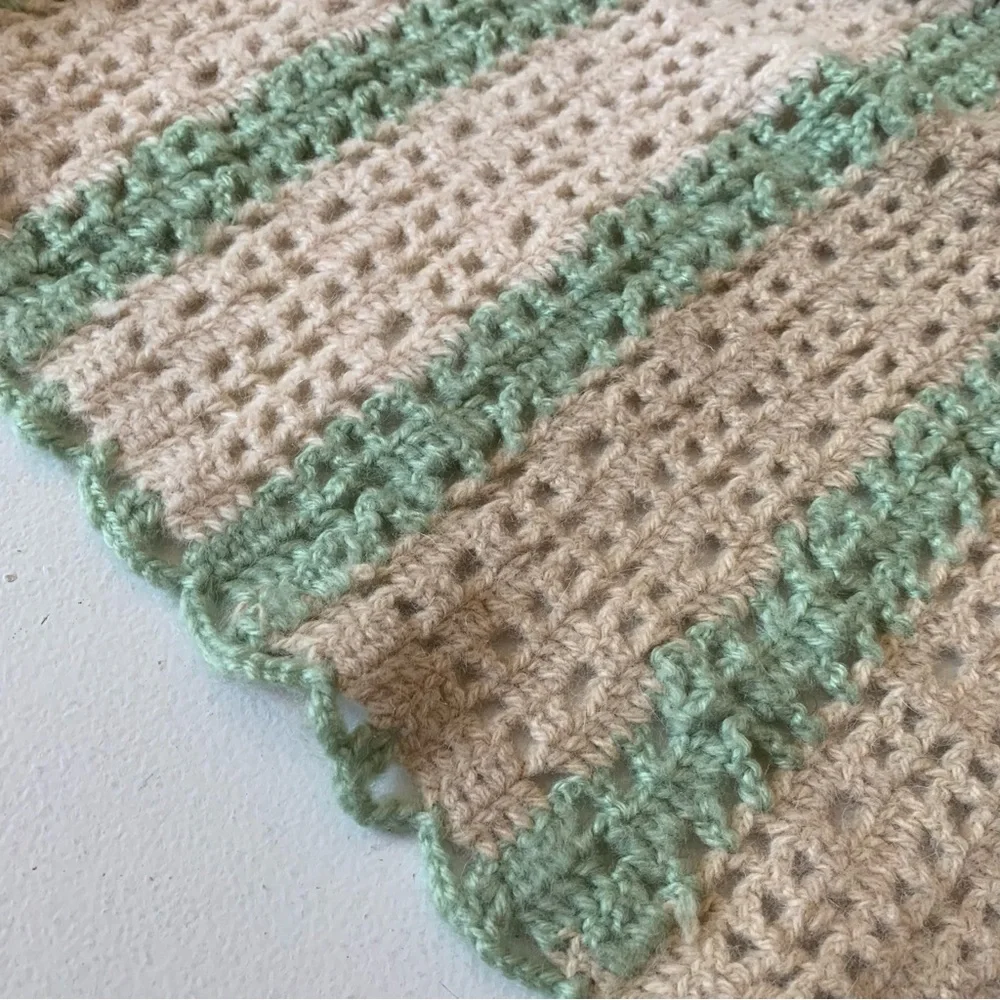 Vintage Handmade Crochet Knit Afghan Throw Blanket Green Cream Tan
